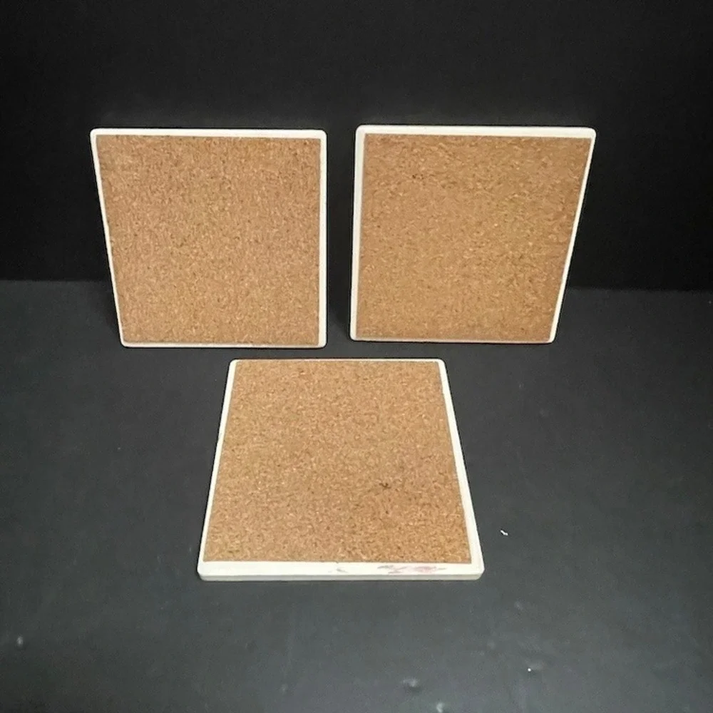 Set‎ of 3 Ceramic Tile Coasters Blue Ikat Damask Mediterranean Cork Back 4x4
